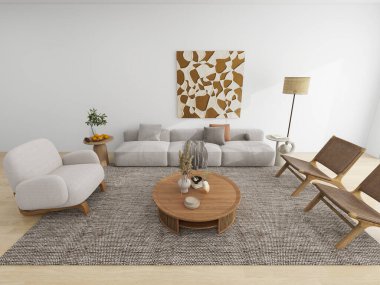 Tarafsız tonlarla donatılmış minimalist oturma odası, rahat bir kanepe, modern koltuklar, ahşap bir sehpa, soyut duvar sanatı ve doğal dekor unsurları. Yüksek açı görünümü, 3d görüntüleme.