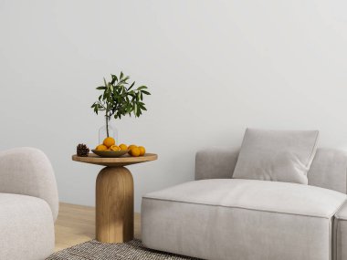 Tarafsız tonlarla donatılmış minimalist oturma odası, rahat bir kanepe, modern koltuklar, ahşap bir sehpa, soyut duvar sanatı ve doğal dekor unsurları. Yan masaya yakın çekim.