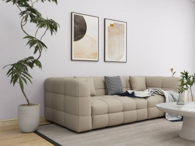 Modern living room with a beige tufted sofa, a sleek white coffee table, abstract wall art, and a potted plant in a minimalist design setting. Perspective view, 3d rendering. clipart