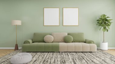 Rahatlatıcı yeşil duvarı olan rahat ve davetkar bir oturma odası yastıklı rahat bir kanepe, iki boş çerçeve, bir lamba, bir saksı çiçeği ve desenli bir halı..