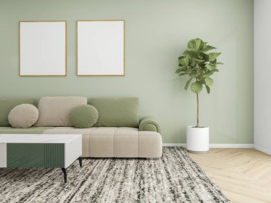 Bej ve yeşil kanepeli modern bir oturma odası, açık yeşil bir duvarda iki boş resim çerçevesi, beyaz bir kahve masası, büyük bir saksı bitkisi ve desenli bir halı..