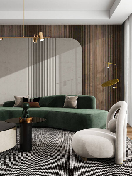 Роскошный современный декор гостиной, крупный план на элегантном кресле, круглый журнальный столик, стильное освещение, вертикальный вид. 