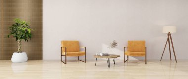 Minimalist oturma odasının içinde hardal sarısı koltuklar, ahşap bir sehpa, yer lambası ve desenli bir duvar ve ahşap panel aksanlı saksı var. 3d oluşturma
