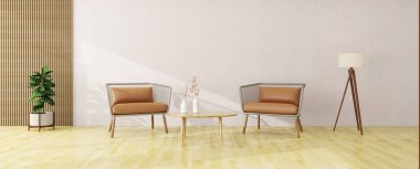 İki rahat koltuğu olan minimalist bir oturma odası, yuvarlak bir sehpa, bir lamba ve bir saksı bitkisi, sakin ve davetkar bir atmosfer yaratıyor. 3d oluşturma