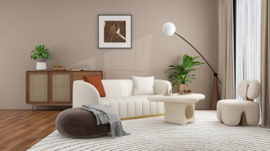 Beyaz bir kanepesi, yuvarlak bir sehpası, yer lambası, toprak rengi duvarı ve minimalist ve rahat bir tasarımı olan çeşitli bitkileri olan modern bir oturma odası. Ev dekorunun 3d canlandırması.