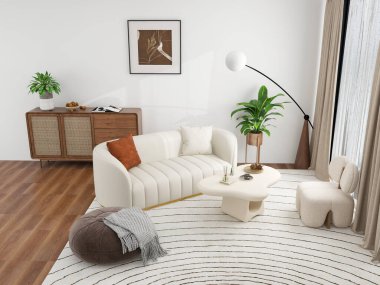 Beyaz bir kanepesi, yuvarlak bir sehpası, yer lambası ve minimalist ve rahat bir tasarımı olan çeşitli bitkileri olan modern bir oturma odasının yüksek açılı görüntüsü..