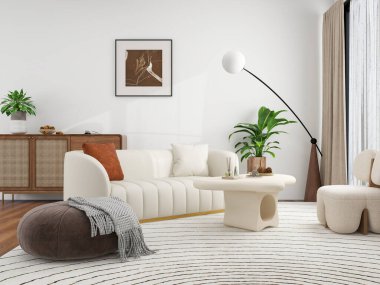 Modern oturma odasının dar açılı görüntüsü, beyaz bir kanepe, yuvarlak bir sehpa, bir zemin lambası ve minimalist ve rahat bir tasarım içeren çeşitli bitkiler..