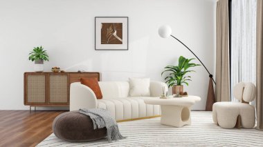 Beyaz bir kanepesi, yuvarlak bir sehpası, bir lambası ve minimalist ve rahat bir tasarımı olan çeşitli bitkileri olan modern bir oturma odası..