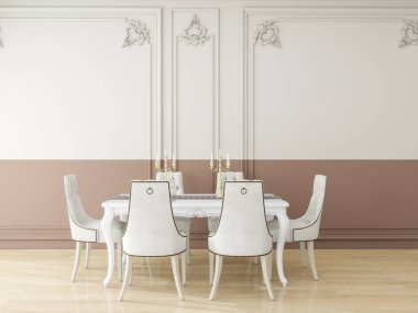 Beyaz bir masa ve altın aksanlı sandalyelerin yer aldığı zarif bir yemek odası. Süslü pervazları olan klasik iki tonlu bir duvara karşı kurulmuş. 3D görüntüleme, iç tasarım.