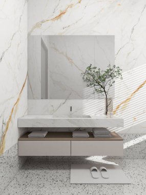 Modern minimalist bir banyoda mermer tezgahı, büyük bir aynası ve katlanmış havluları olan parlak yüzen bir kibir vardır. Banyo 3D modelleme.