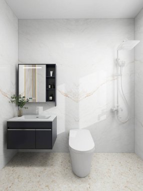 Pürüzsüz tasarım tarzında modern minimalist bir banyo, beyaz tezgahlı duvara monte edilmiş siyah bir gösteriş, büyük bir ayna, yerleştirilmiş bir raf, beyaz bir tuvalet ve bir sağanak duş başlığı..
