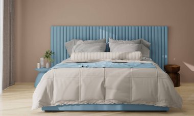Lüks bir yatak odasının iç tasarımı. Modern daire arka planında yumuşak yastıklı, şık komodinli ve rahat ahşap aksanlı lüks bir yatak var. 3B görüntüleme, 3B illüstrasyon.