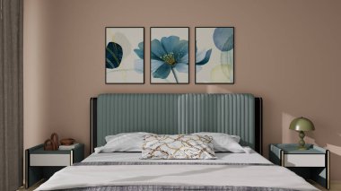  Çağdaş tasarımı olan lüks bir apartman. Modern iç tasarım, yastık ve battaniyeyle süslenmiş rahat bir yatak, lambalı bir komodin, zarif sanat eserleri sergiliyor..