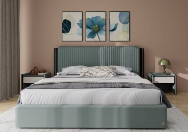 Lüks bir apartman arka planında bir yatak odasının iç tasarımı. Çağdaş tasarım, düzenli bir yatak, duvar resimleri ve şık komodinleri içeriyor.
