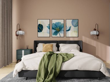  Çağdaş tasarımı olan lüks bir apartman. Modern iç tasarım, yastık ve battaniyeyle süslenmiş rahat bir yatak, lambalı bir komodin, zarif sanat eserleri ve şık dekorlar sergiliyor. 3B görüntüleme, 3B illüstrasyon