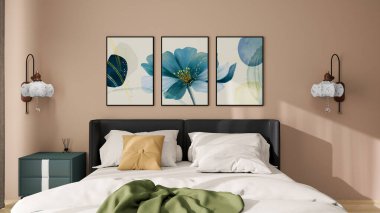  Çağdaş tasarımı olan lüks bir apartman. Modern iç tasarım, yastık ve battaniyeyle süslenmiş rahat bir yatak, lambalı bir komodin, zarif sanat eserleri sergiliyor..