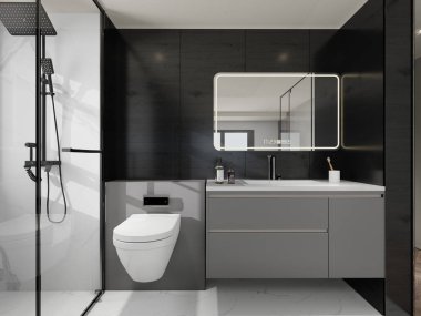 Tuvaletin iç tasarımının bir kopyası. Çağdaş tasarımı olan lüks bir apartman. Modern iç tasarım, parlak siyah fayanslar, beyaz fayanslar ve zarif armatürler içeriyor. 3B görüntüleme, 3B illüstrasyon.