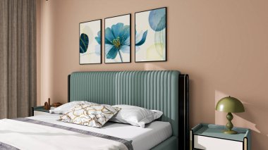 Yatak odasının iç tasarımının bir kopyası. Çağdaş tasarımı olan lüks bir apartman. Yastıklı rahat bir yatak, lambalı başucu masaları ve yumuşak dekor aksanlı modern iç dizayn. 3B görüntüleme, 3B illüstrasyon.