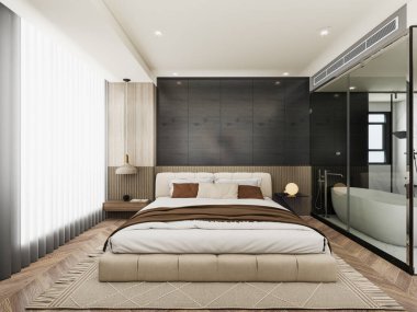 Yatak odasının iç tasarımının bir kopyası. Çağdaş tasarımı olan lüks bir apartman. Beyaz ve kahverengi yastıklı bej bir yatağın modern iç tasarımı. Küresel bir lambası olan Z şeklinde siyah bir masa..