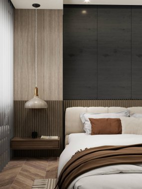Yatak odasının iç tasarımının bir kopyası. Çağdaş tasarımı olan lüks bir apartman. Beyaz ve kahverengi yastıklı bej bir yatağın modern iç tasarımı. Küresel bir lambası olan Z şeklinde siyah bir masa..