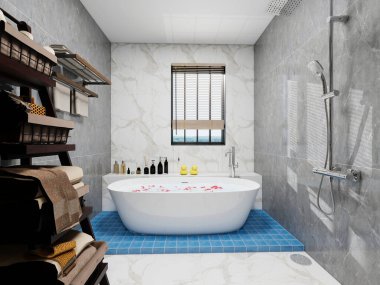 Modern banyo, mavi fayansların üzerinde serbest beyaz bir küvet gri mermer duvarlar, içinde havlular olan ahşap bir raf ve cam bir duş. Tarafsız tonlara ve doğal dokulara sahip minimalist bir tarz.