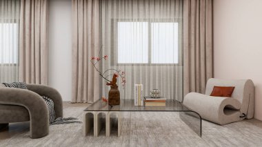 Minimalist tarzda modern oturma odası, kıvrımlı gri bir kanepe, kahverengi yastıklı bej bir sandalye, cam bir sehpa ve kırmızı çiçekli bir vazo. Tarafsız tonlar ve çağdaş tasarım.