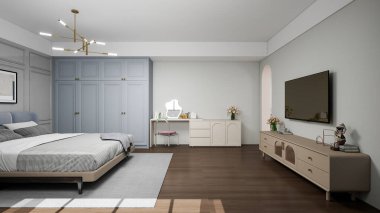 Tarafsız tonlarda modern yatak odası, gri döşemeli yatak odası, beyaz ve kahverengi yatak, bej duvarlar, lambalı ahşap komodinleri ve desenli bir alan halısı. Minimalist ve zarif bir tarz.