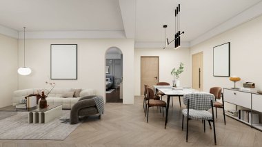 Beyaz bir kanepe, kahverengi yemek sandalyeleri, ahşap bir masa, şık kolye ışıkları ve hafif ahşap döşeme içeren çağdaş oturma ve yemek odası. Tarafsız tonlar ve minimalist stil alanı geliştirir.