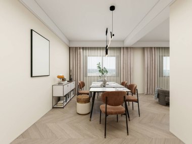 Minimalist tarzıyla şık bir yemek odası, mermer bir masa, kahverengi kadife sandalyeler, bej duvarlar ve açık ahşap ringa kemiği döşemeleri. Nötr tonlar ve şık çağdaş dekor alanı güçlendirir