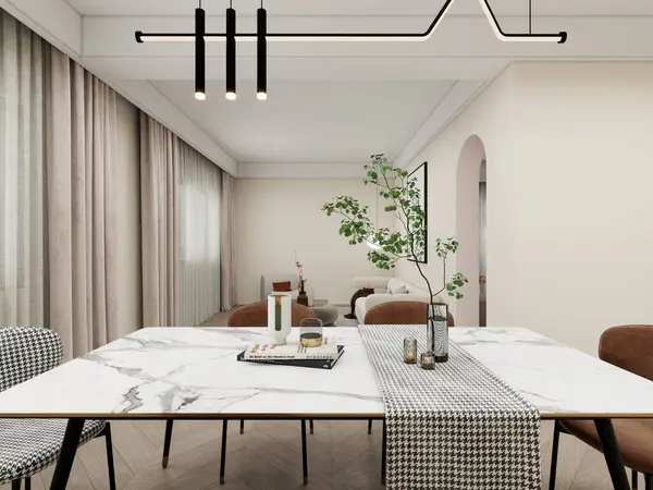 Mermer bir masa ve houndstooth desenli bir koşucu, siyah kolye ışığı ve yeşil tonlarla tamamlanmış nötr bir yemek odası. Sofistike ve modern dekorlu minimalist stil.