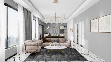 Bej bölmeli kanepesi, mermer sehpası, büyük avizesi, gri duvarları ve mermer döşemesi olan modern oturma odası. Çağdaş sanat ve şık dekor zarif ve davetkar bir ortam yaratır.