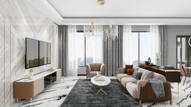 Bej ve kahverengi mobilyalı modern oturma odası, mermer duvarlar, gri halı ve şık bir avize. Gri perdeli büyük pencereler doğal ışık getirir. Parlak ve zarif bir ortam yaratır.