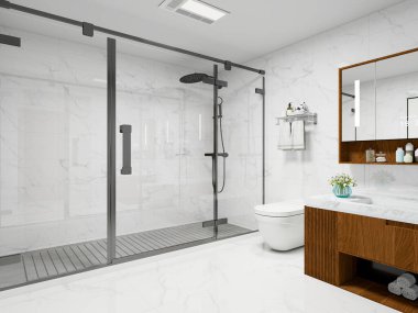 İçinde siyah armatürler, beyaz mermer fayanslar, mermer tezgahlı ahşap kibir ve parlak bir ayna olan modern bir banyo. Zarif ve nötr tonlu minimalist tasarım.