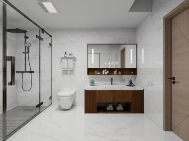 İçinde siyah armatürler, beyaz mermer fayanslar, mermer tezgahlı ahşap kibir ve parlak bir ayna olan modern bir banyo. Zarif ve nötr tonlu minimalist tasarım.