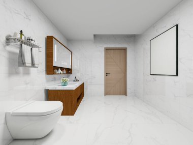 Beyaz mermer kiremitli modern banyo, ahşap kiremit, duvara monte edilmiş tuvalet ve büyük bir ayna. Tarafsız tonlarda minimal tasarım, parlak siyah armatürler ve şık dekoratif aksanlar.