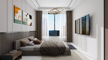 Minimalist tasarımı olan modern yatak odası, rahat bir yatakta kahverengi ve gri yatak odası, soyut duvar sanatı, gösterişli komodin, düz perdeli büyük pencere ve düz ekran televizyon. Tarafsız tonlar zarif bir ses yaratır