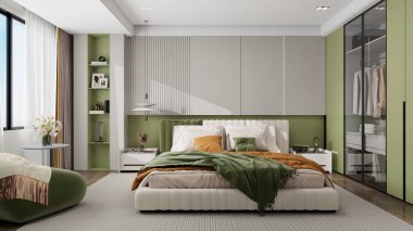 Yeşil ve bej paletli modern yatak odası, katmanlı yatak örtüsü, yeşil döşemeli yatak başlığı, cam kapılı gardırop ve yumuşak ışıklandırma. Temiz ve minimalist tasarım.
