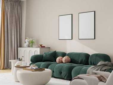 Minimalist oturma odası, modern bir deniz mavisi kanepesi, bej koltuk, beyaz kahve masası ve parlak bir büfe. Nötr renkler ve yumuşak dokular rahat ve şık bir ortam yaratır. 