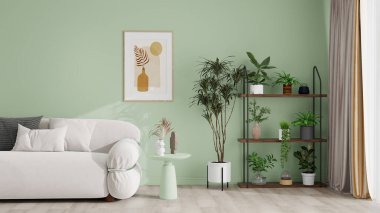 Açık yeşil duvarlı modern oturma odası, ahşap çerçeveli beyaz bir kanepe, houndstooth yastıklar, soyut duvar sanatı, ahşap bir yan masa ve yeşil bitkilerle dolu siyah metal bir raf.