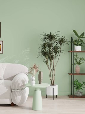 Nane yeşili duvarları olan modern oturma odası, beyaz bir kanepe, siyah kahve masası ve bitki ve vazolarla süslenmiş ahşap raflar. Minimalist estetik, temiz çizgiler, nötr tonlar ve samimi bir ortam..