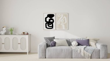 Tarafsız tonlara sahip modern minimalist oturma odası, beyaz ve bej mobilyalar, ahşap aksanlar, soyut duvar sanatı, ve kattan tavana kadar perdeli pencereler. Parlak ve ferah iç mekan