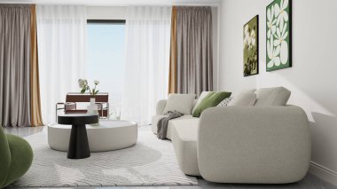 Minimalist dekorlu modern oturma odası, yeşil ve beyaz yastıklı bej bir kanepe, siyah ve beyaz bir sehpa ve soyut bir çiçek duvar resmi. Yeşil aksanlı nötr tonlar rahat bir atmosfer yaratır.