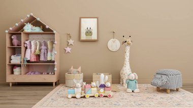 Konforlu, pastel temalı, ev şeklindeki gardırobu, peluş oyuncakları ve zürafa taburesi olan bir çocuk odası. Dekor yumuşak bej, pembe ve nane renginde, sıcak ve davetkar bir atmosfer yaratıyor..