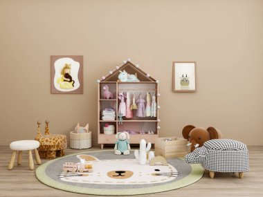 Bej renkli duvarları, ev şeklinde bir gardırobu, pastel giysileri, hayvan temalı tabureleri, peluş oyuncakları ve yuvarlak bir kedi halısı olan rahat bir bebek odası. Çerçevelenmiş hayvan resimleri ve ahşap dekorlar sıcak ve davetkar bir alan yaratır..