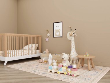 Tarafsız bej tonlara sahip modern çocuk odası, ahşap bir beşik, pelüş oyuncaklar, çerçeveli hayvan resimleri ve yıldız şeklinde duvar dekoru. Yumuşak pastel elementler rahat ve davetkar bir alan yaratır..