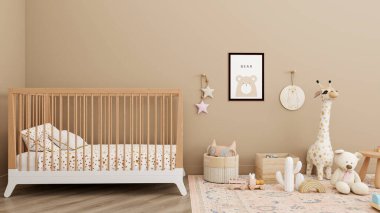 Tarafsız tonlarda, ahşap bir beşik, peluş zürafa, oyuncak bebek, pastel ve duvar dekorundan oluşan rahat, modern bir çocuk odası. Yumuşak pembe ve bej renkli palet, neşeli aksanlı..