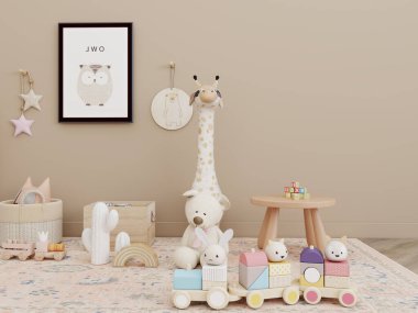 Tarafsız tonlarda, ahşap bir beşik, pelüş oyuncaklar, çerçeveli baykuş baskısı ve yumuşak yuvarlak bir halı içeren rahat bir çocuk odası. Pastel aksanlar ve sıcak dekor sakin ve davetkar bir atmosfer yaratır..