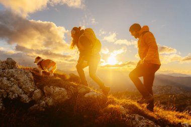 İki dağcı gün batımında köpekleriyle birlikte bir dağ zirvesine çıkan gölgeli ve gölgeli iki dağcı. Bir evcil hayvanla seyahat etmek. Spor ve fiziksel aktivite açık havada. Yürüyüşçüler