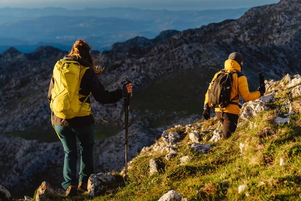 Groupe Deux Alpinistes Avec Sac Dos Bâtons Trekking Montant Sommet — Photo