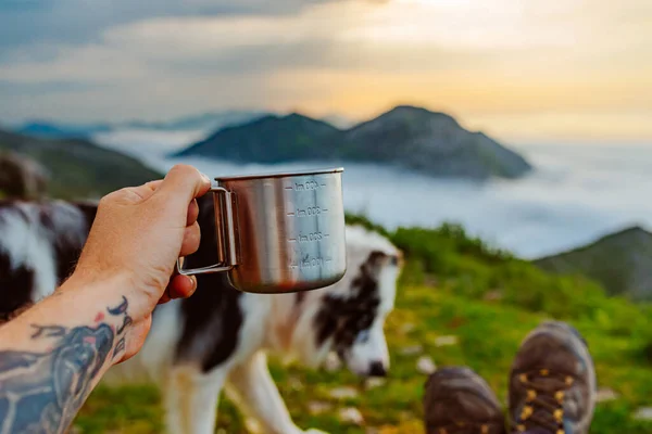 First person view of a tattooed mountaineer holding a metal cup with coffee or another drink while watching the sunset on the mountain with his dog. sport, hiking and adventure